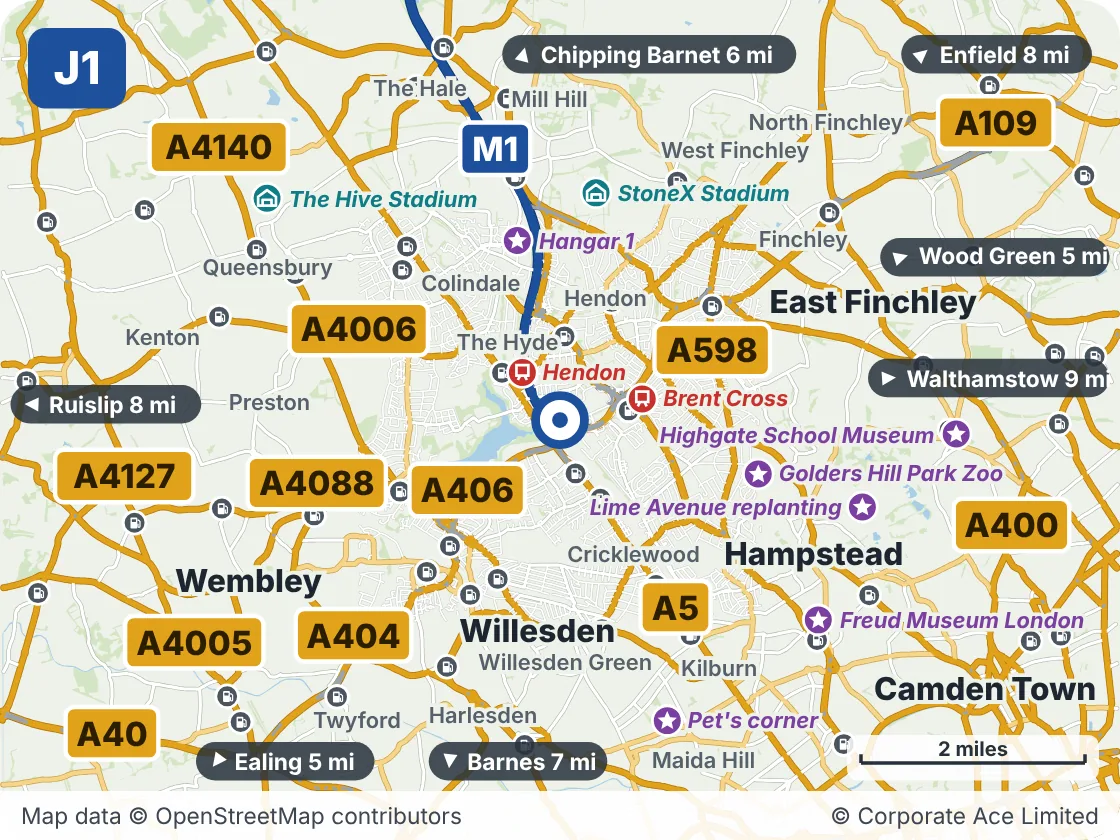 Map of the area within about 5 miles of M1 Junction 1: Staples Corner, showing the towns, villages, roads and places to visit