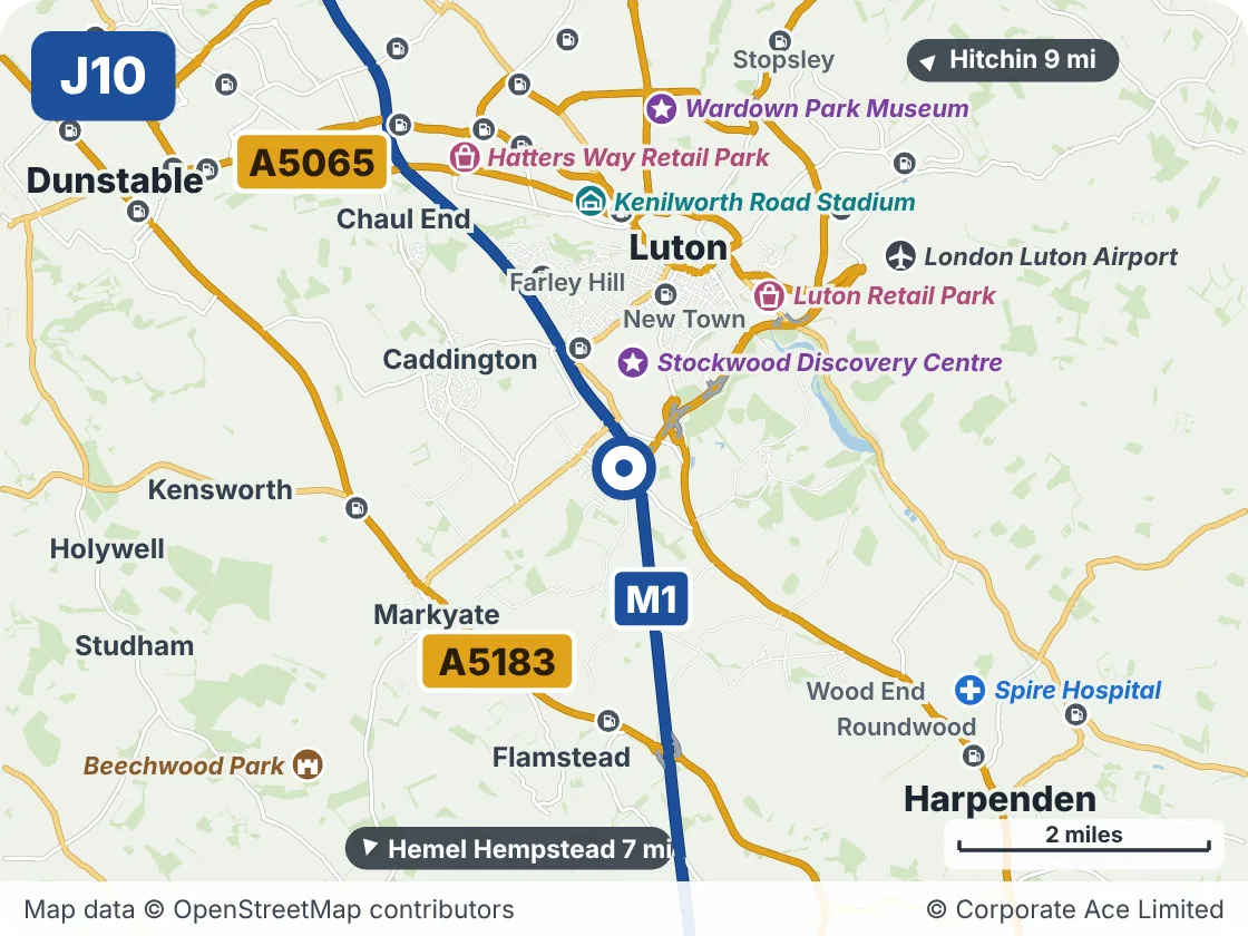 Map of the area within about 5 miles of M1 Junction 10: Pepperstock, showing the towns, villages, roads and places to visit