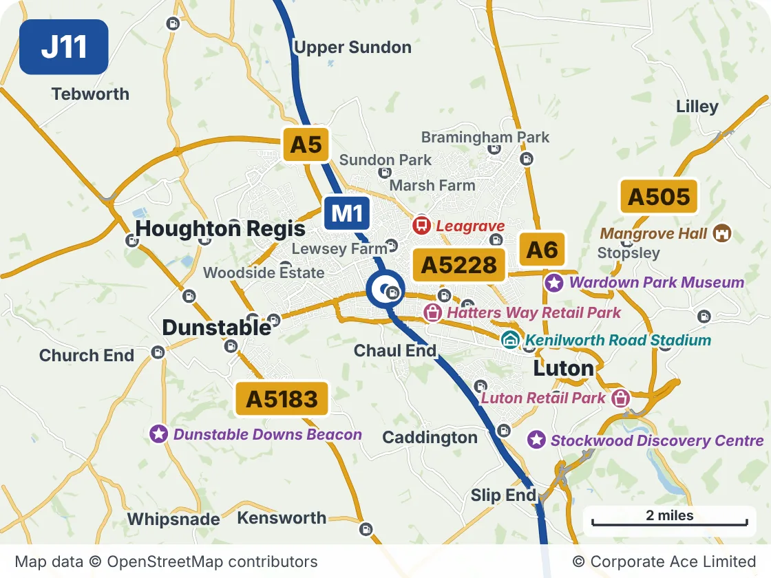 Map of the area within about 5 miles of M1 Junction 11: Leagrave Interchange, showing the towns, villages, roads and places to visit