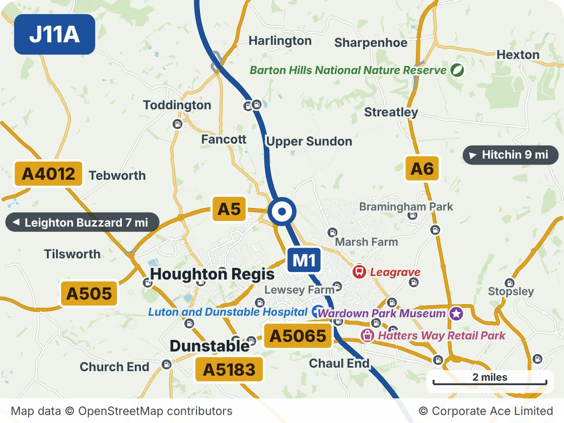 Map of the area within about 5 miles of M1 Junction 11A: Chalton Interchange, showing the towns, villages, roads and places to visit