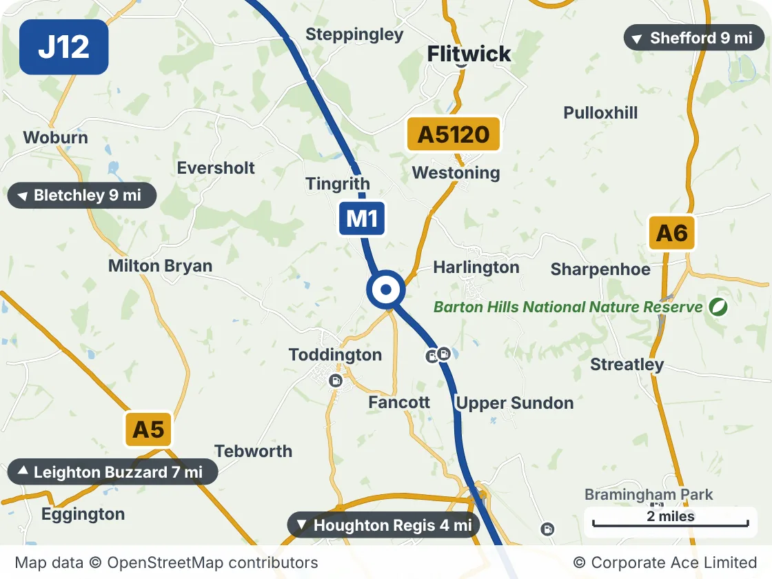 Map of the area within about 5 miles of M1 Junction 12: Toddington, showing the towns, villages, roads and places to visit
