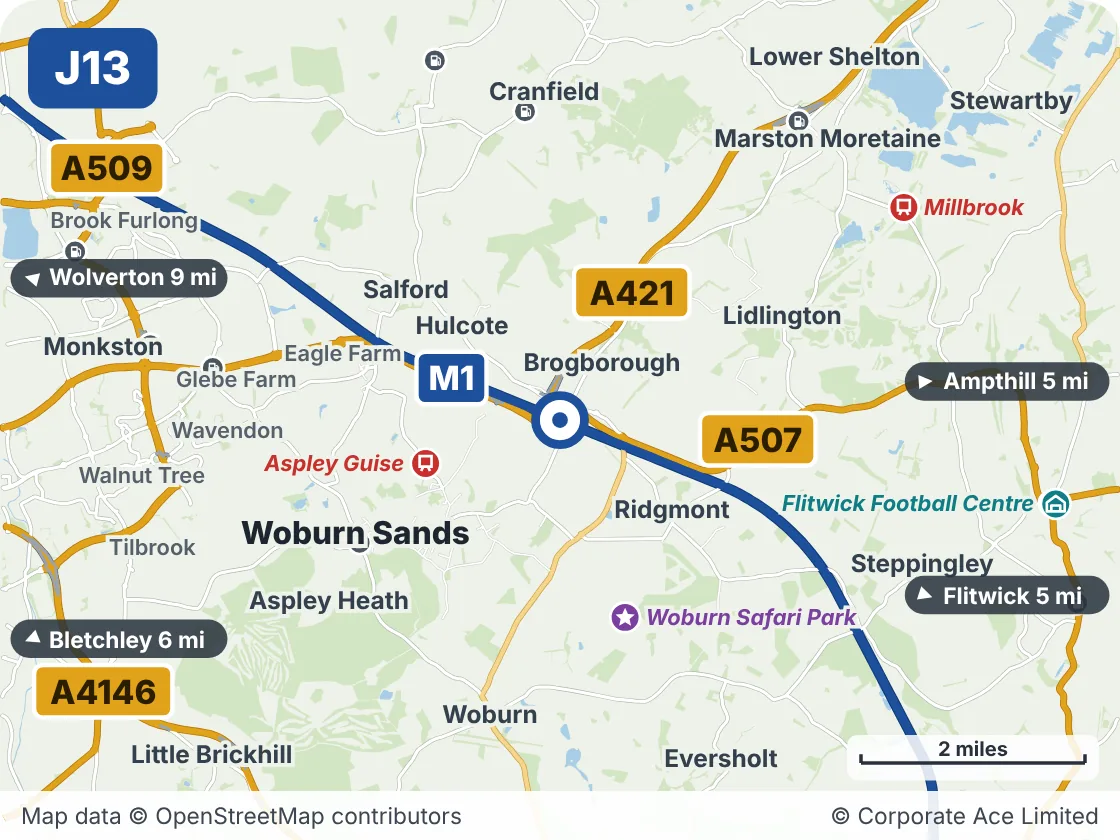 Map of the area within about 5 miles of M1 Junction 13: Ridgmont Interchange, showing the towns, villages, roads and places to visit