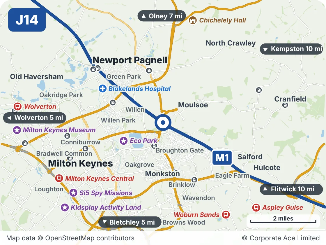 Map of the area within about 5 miles of M1 Junction 14, showing the towns, villages, roads and places to visit