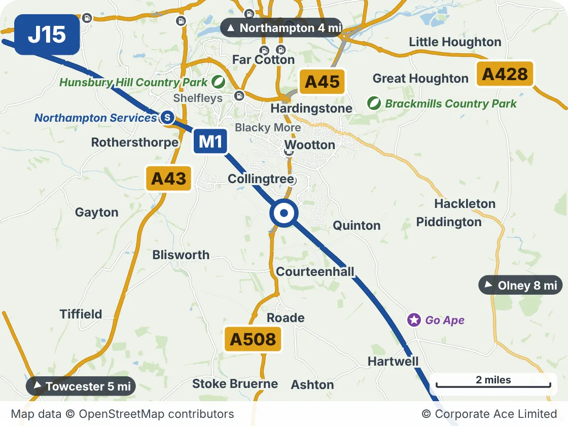 Map of the area within about 5 miles of M1 Junction 15, showing the towns, villages, roads and places to visit