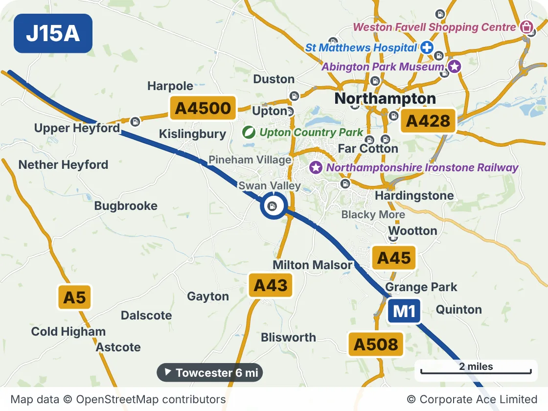 Map of the area within about 5 miles of M1 Junction 15A: Rothersthorpe, showing the towns, villages, roads and places to visit