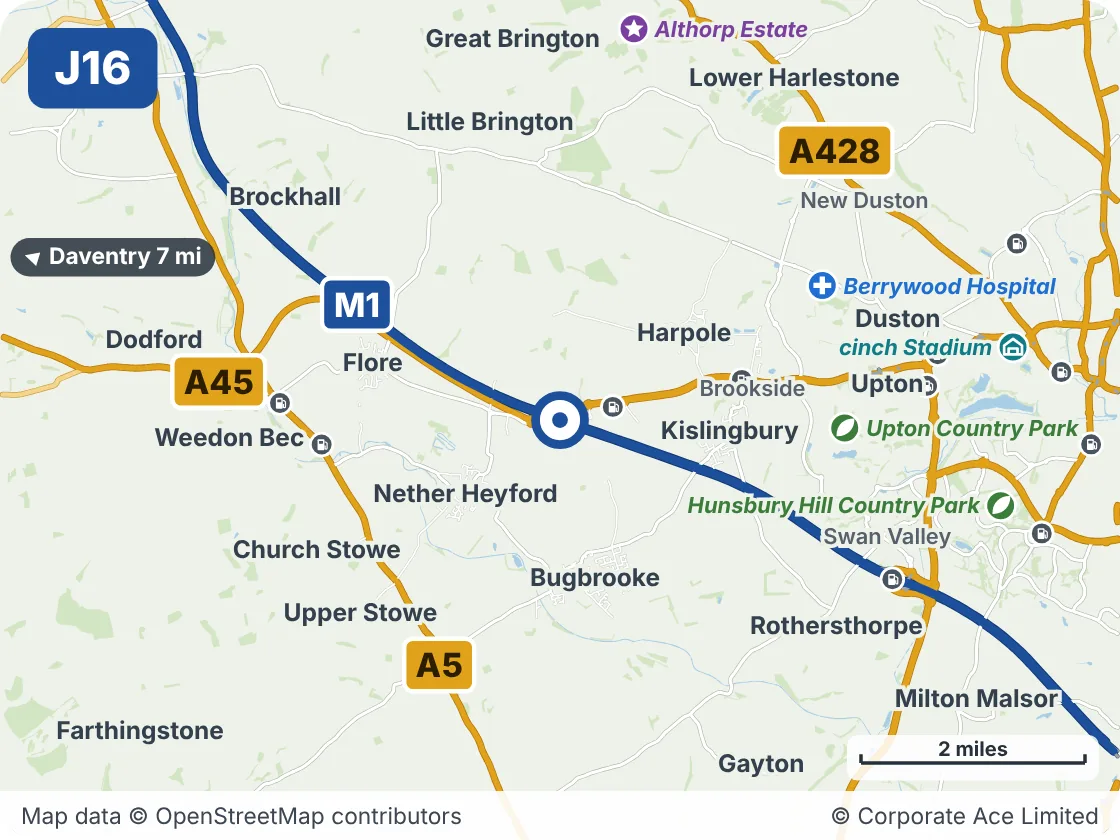 Map of the area within about 5 miles of M1 Junction 16, showing the towns, villages, roads and places to visit