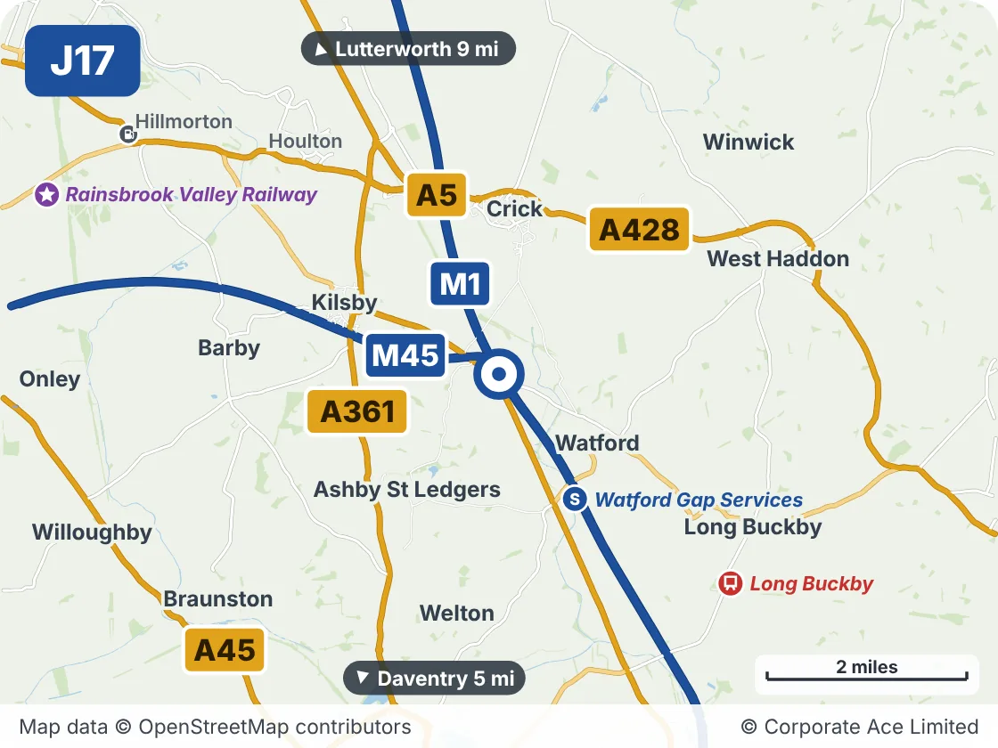 Map of the area within about 5 miles of M1 Junction 17: Kilsby, showing the towns, villages, roads and places to visit