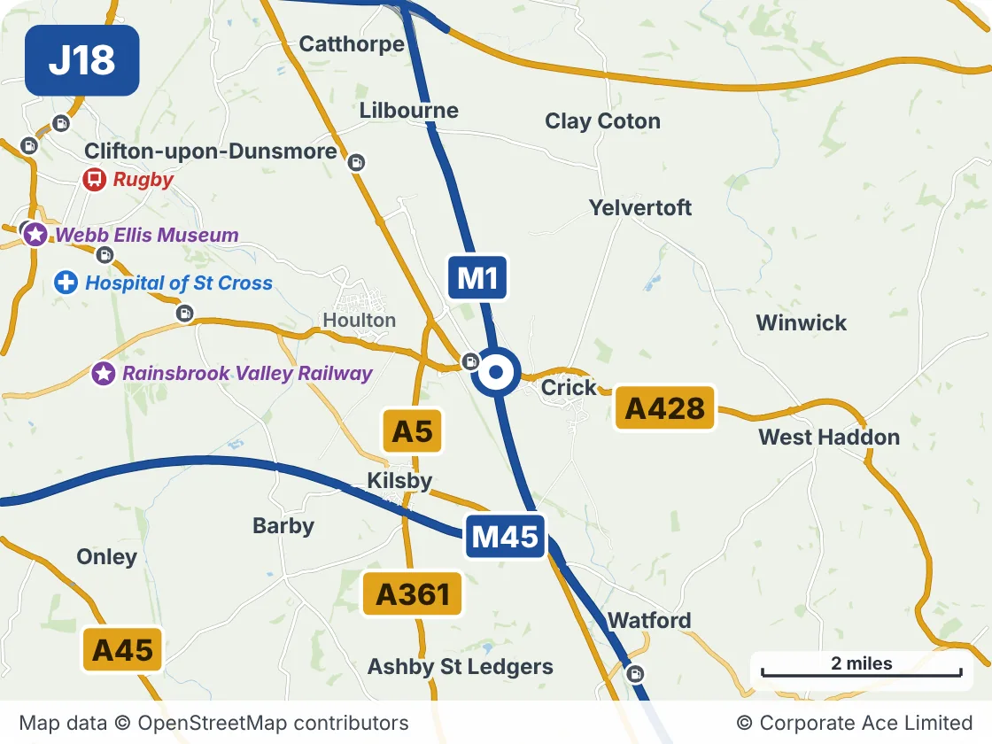 Map of the area within about 5 miles of M1 Junction 18: Crick Interchange, showing the towns, villages, roads and places to visit