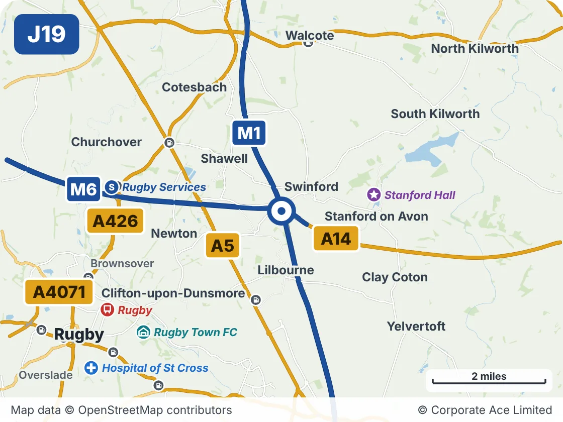 Map of the area within about 5 miles of M1 Junction 19: Catthorpe, showing the towns, villages, roads and places to visit