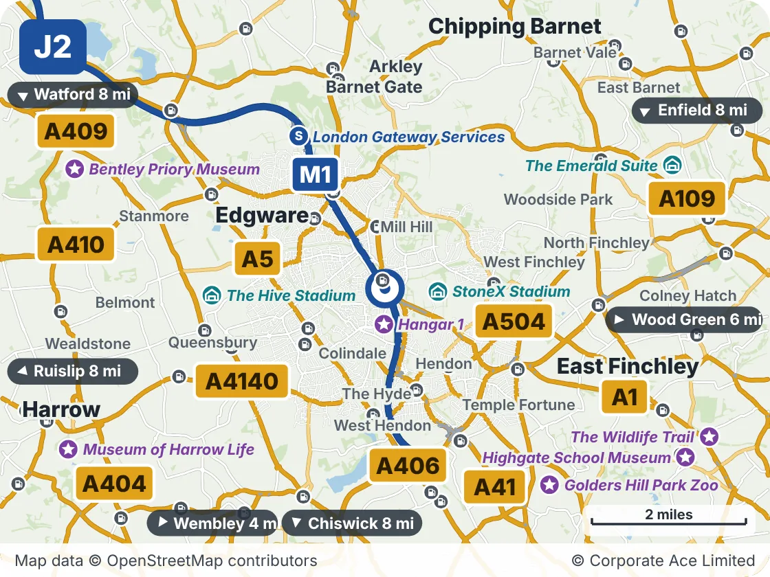 Map of the area within about 5 miles of M1 Junction 2: Five Ways Corner, showing the towns, villages, roads and places to visit