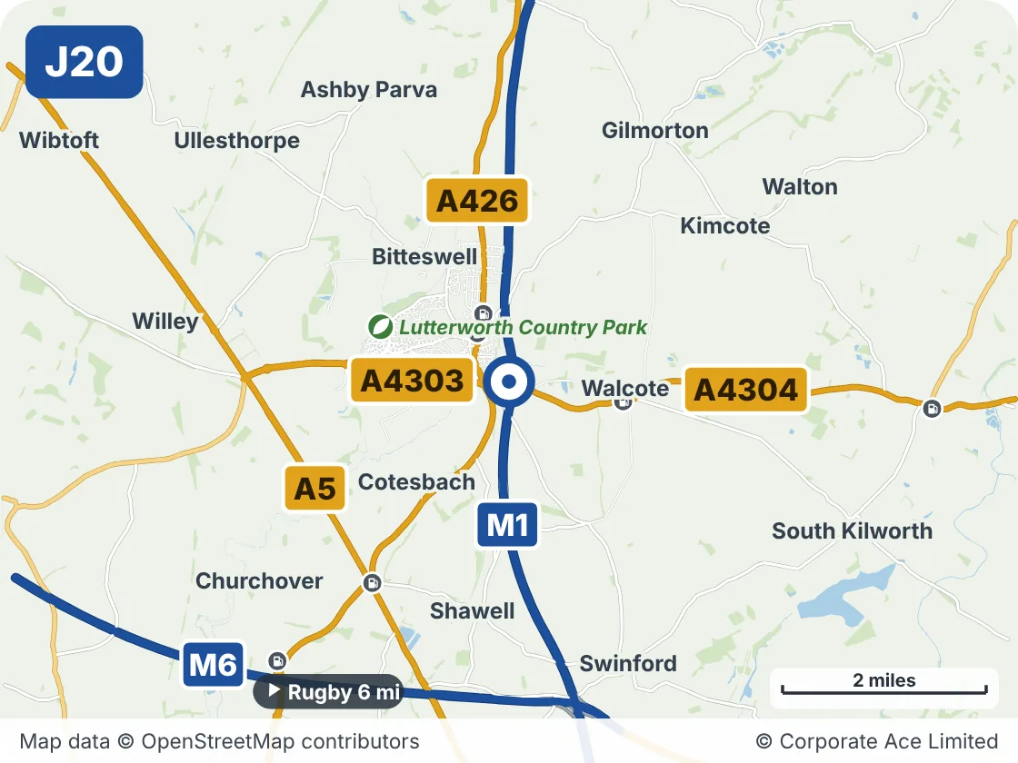 Map of the area within about 5 miles of M1 Junction 20: Misterton Interchange, showing the towns, villages, roads and places to visit