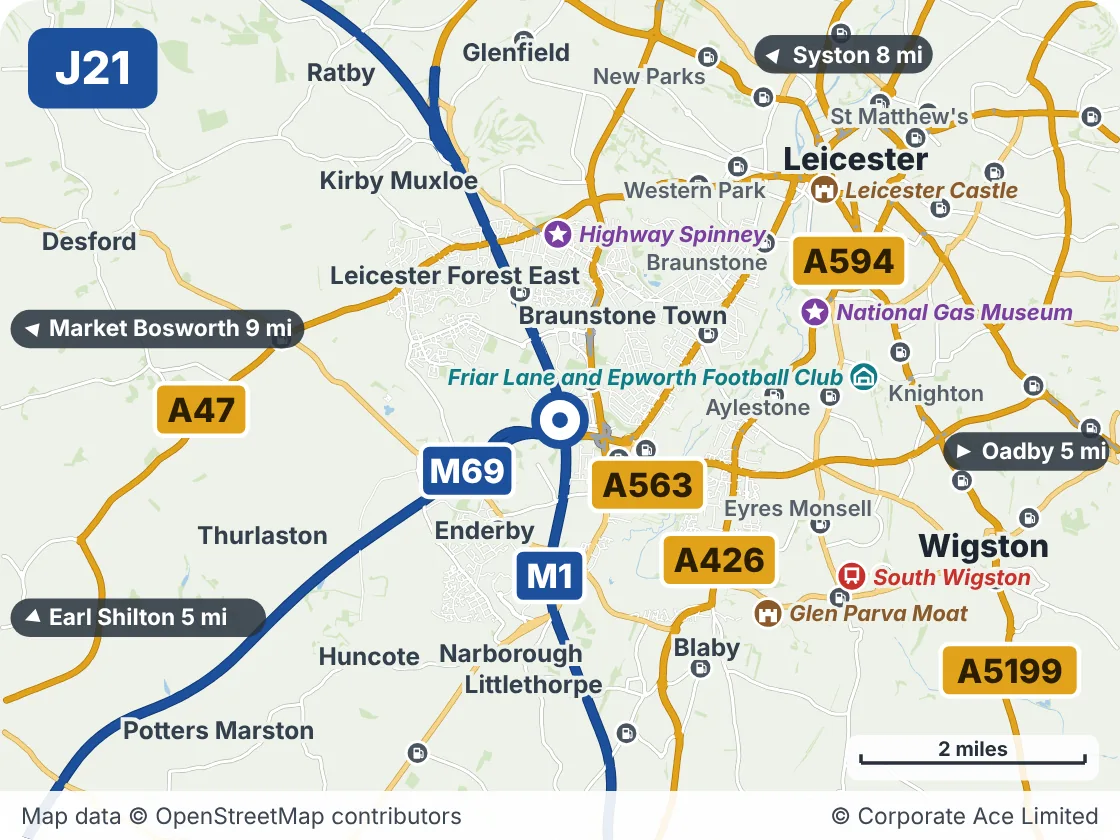 Map of the area within about 5 miles of M1 Junction 21, showing the towns, villages, roads and places to visit