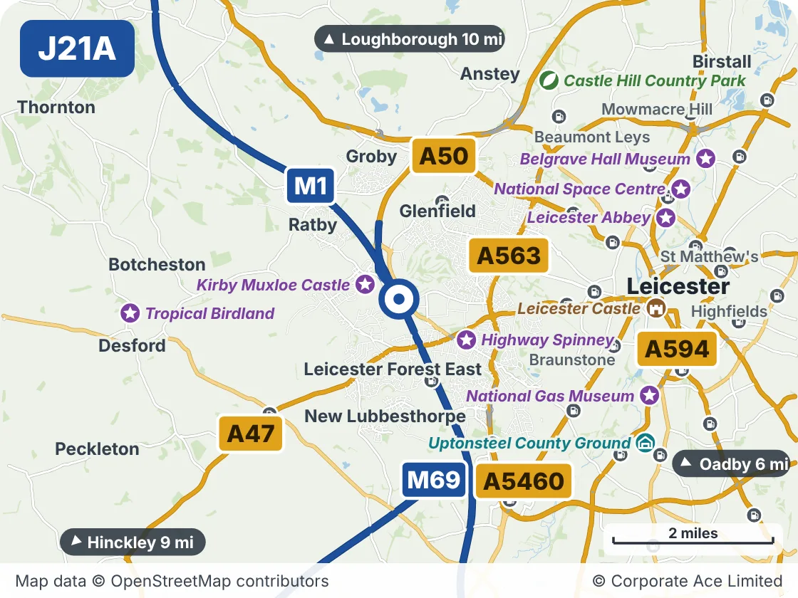 Map of the area within about 5 miles of M1 Junction 21A, showing the towns, villages, roads and places to visit