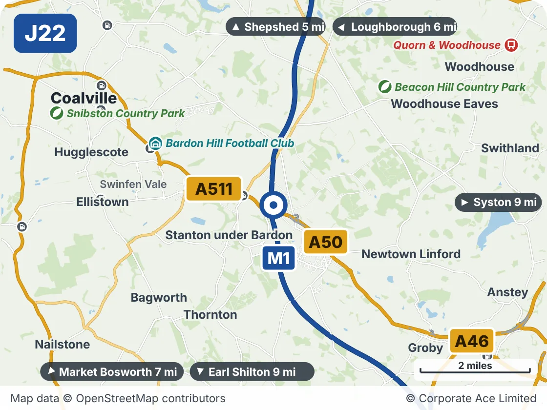 Map of the area within about 5 miles of M1 Junction 22, showing the towns, villages, roads and places to visit