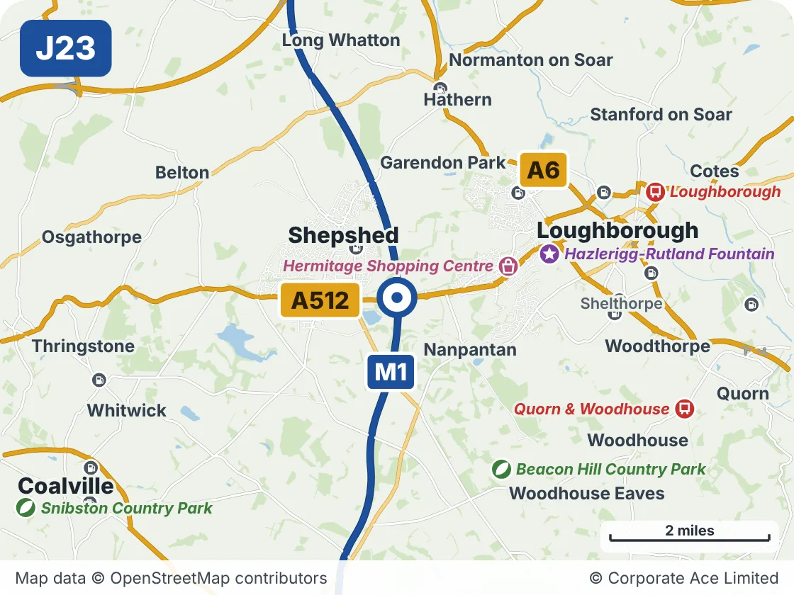 Map of the area within about 5 miles of M1 Junction 23, showing the towns, villages, roads and places to visit