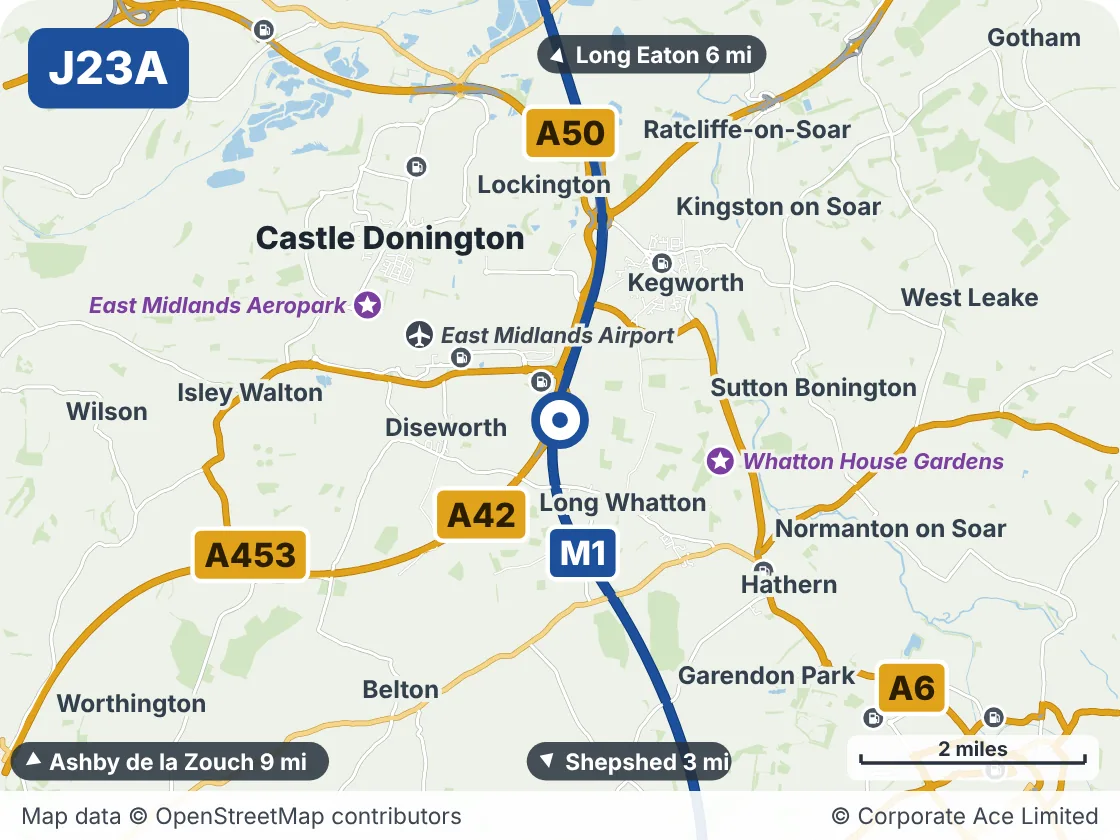 Map of the area within about 5 miles of M1 Junction 23A: Finger Farm, showing the towns, villages, roads and places to visit