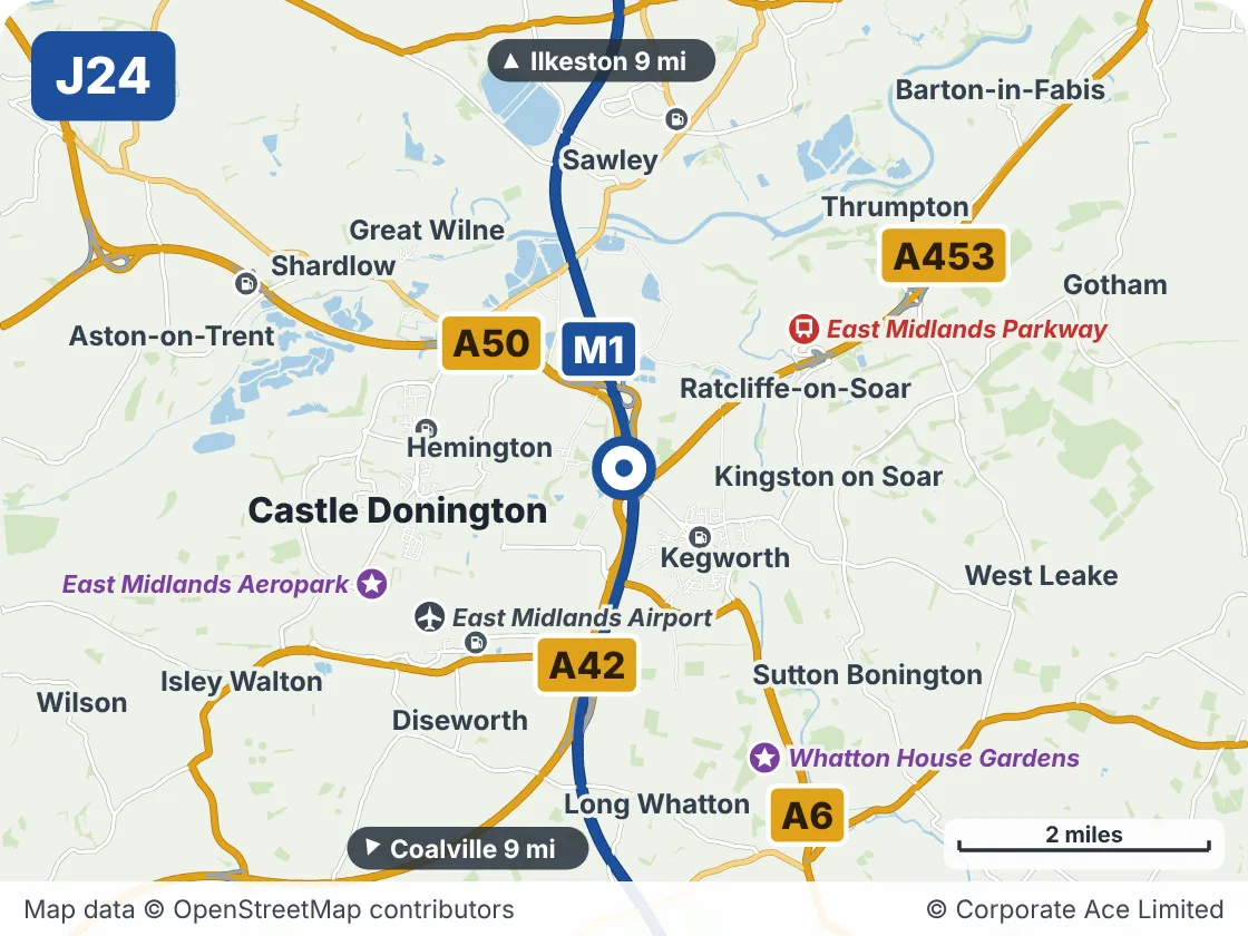 Map of the area within about 5 miles of M1 Junction 24, showing the towns, villages, roads and places to visit