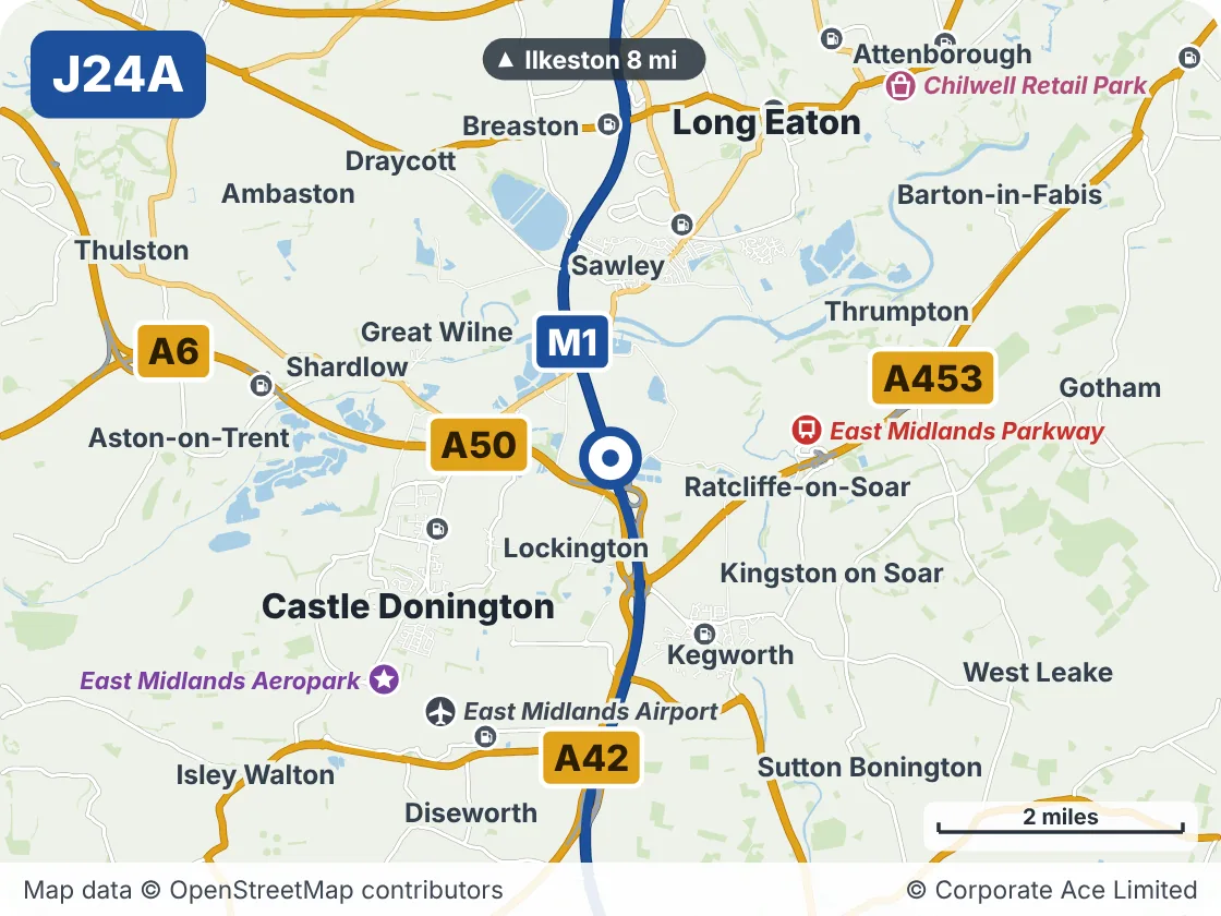 Map of the area within about 5 miles of M1 Junction 24A, showing the towns, villages, roads and places to visit