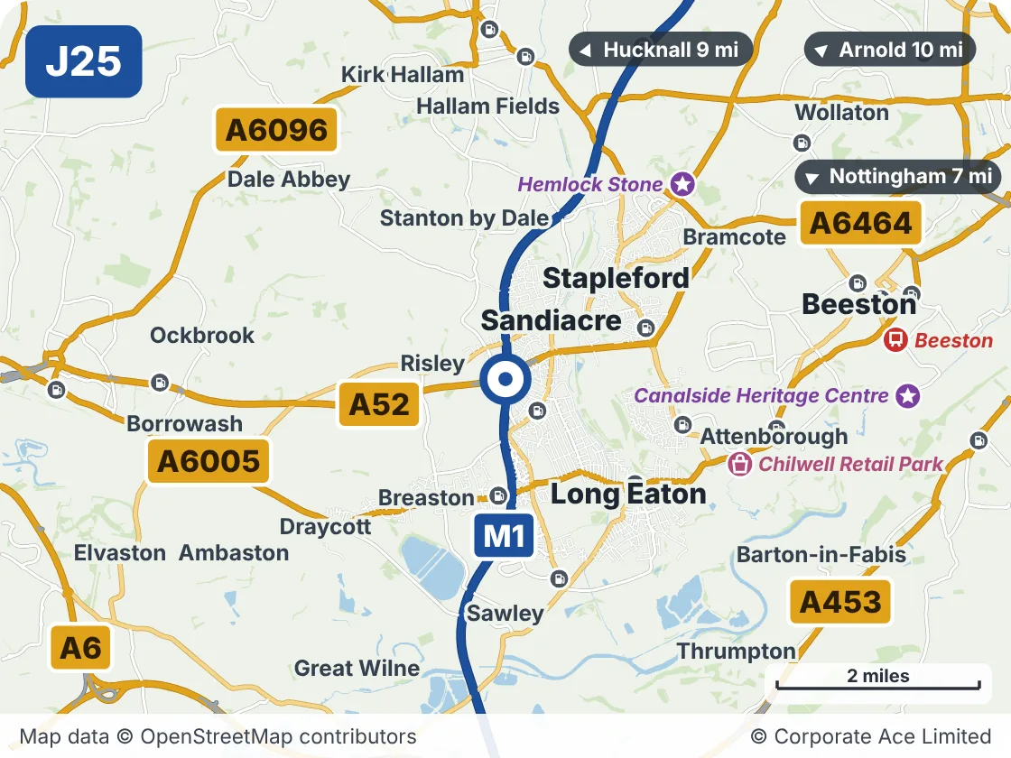 Map of the area within about 5 miles of M1 Junction 25: Sandiacre Interchange, showing the towns, villages, roads and places to visit