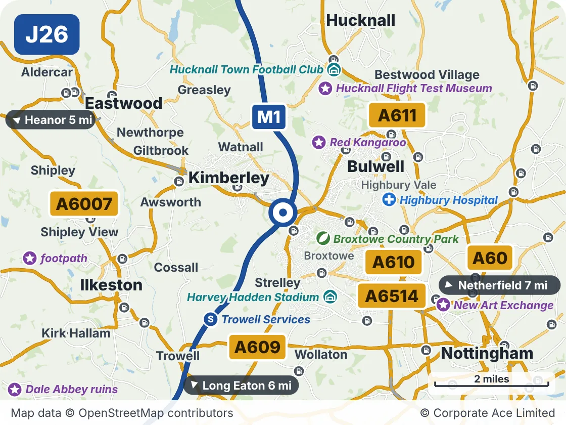 Map of the area within about 5 miles of M1 Junction 26: Nuthall Interchange, showing the towns, villages, roads and places to visit