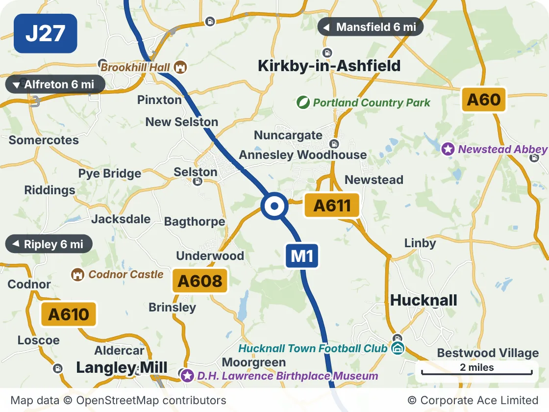 Map of the area within about 5 miles of M1 Junction 27, showing the towns, villages, roads and places to visit