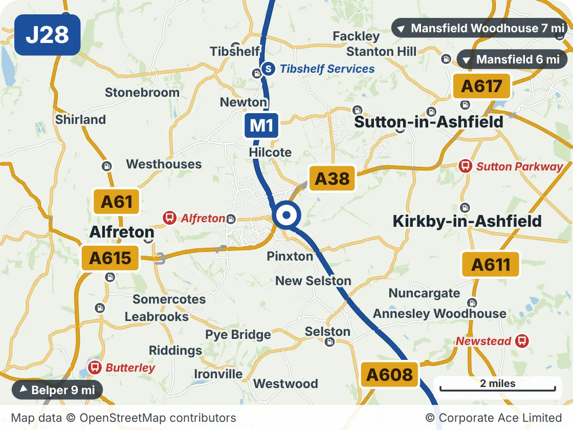 Map of the area within about 5 miles of M1 Junction 28: Pinxton Interchange, showing the towns, villages, roads and places to visit