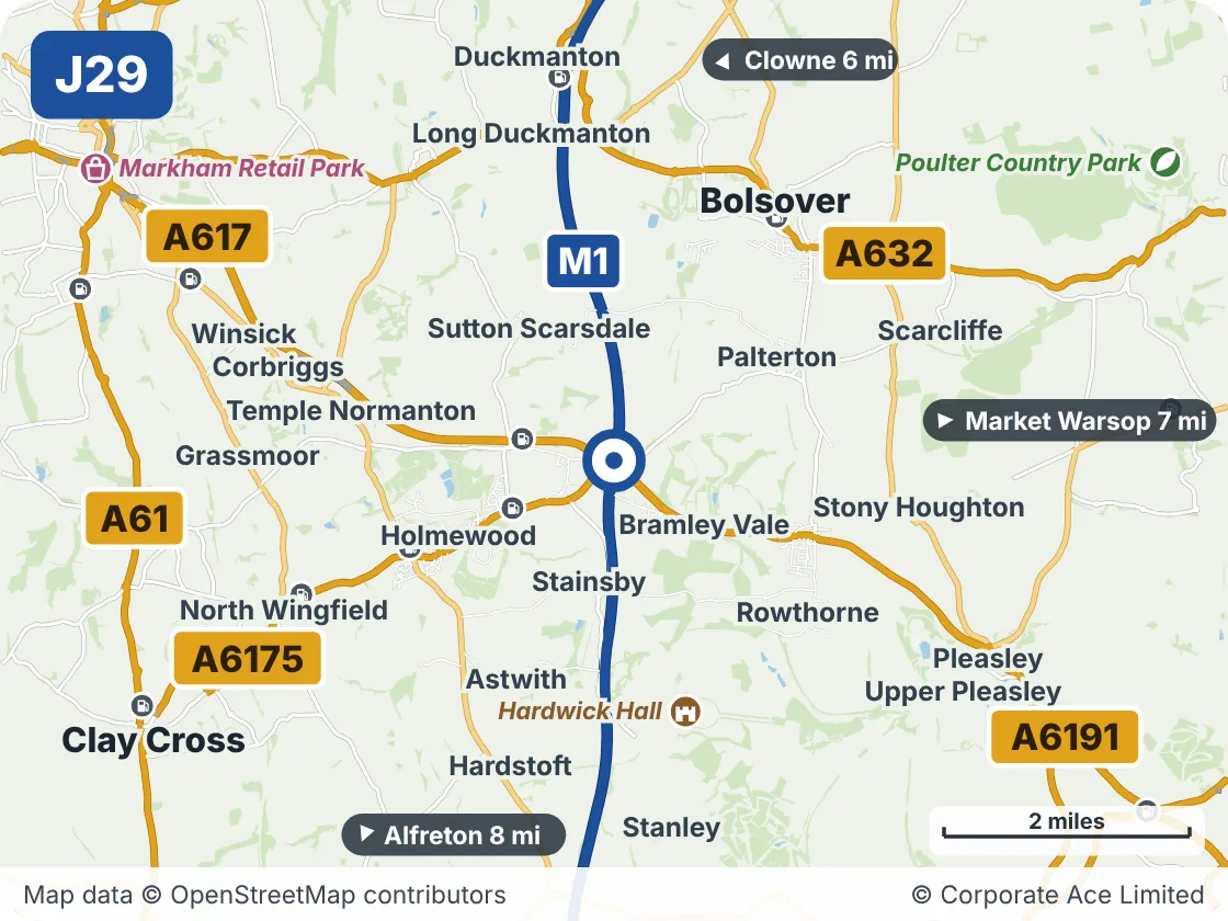 Map of the area within about 5 miles of M1 Junction 29: Heath, showing the towns, villages, roads and places to visit
