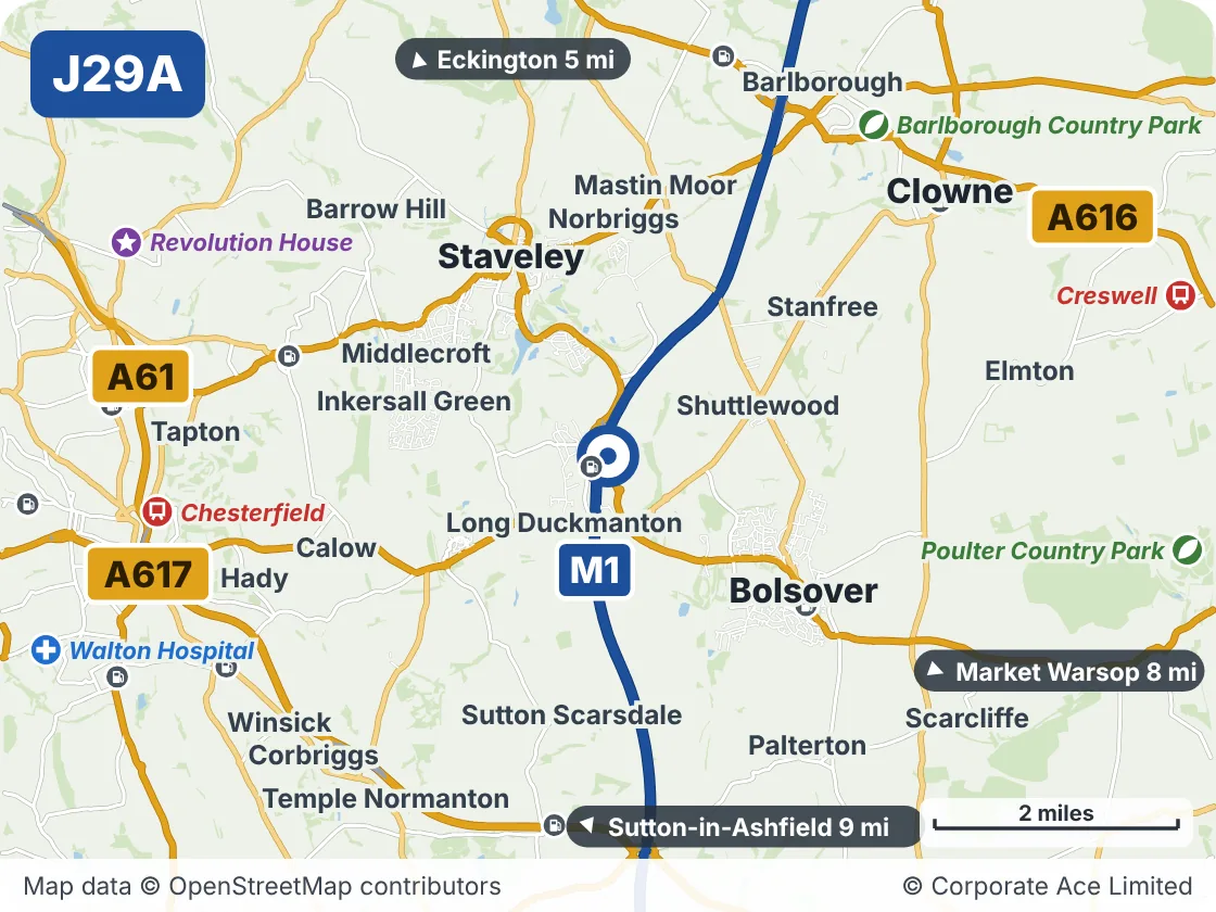 Map of the area within about 5 miles of M1 Junction 29A, showing the towns, villages, roads and places to visit