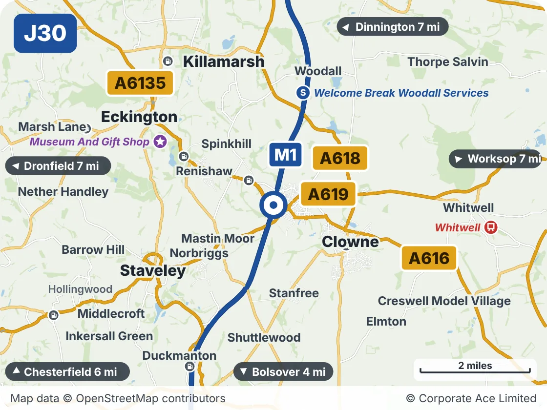 Map of the area within about 5 miles of M1 Junction 30: Barlborough Interchange, showing the towns, villages, roads and places to visit