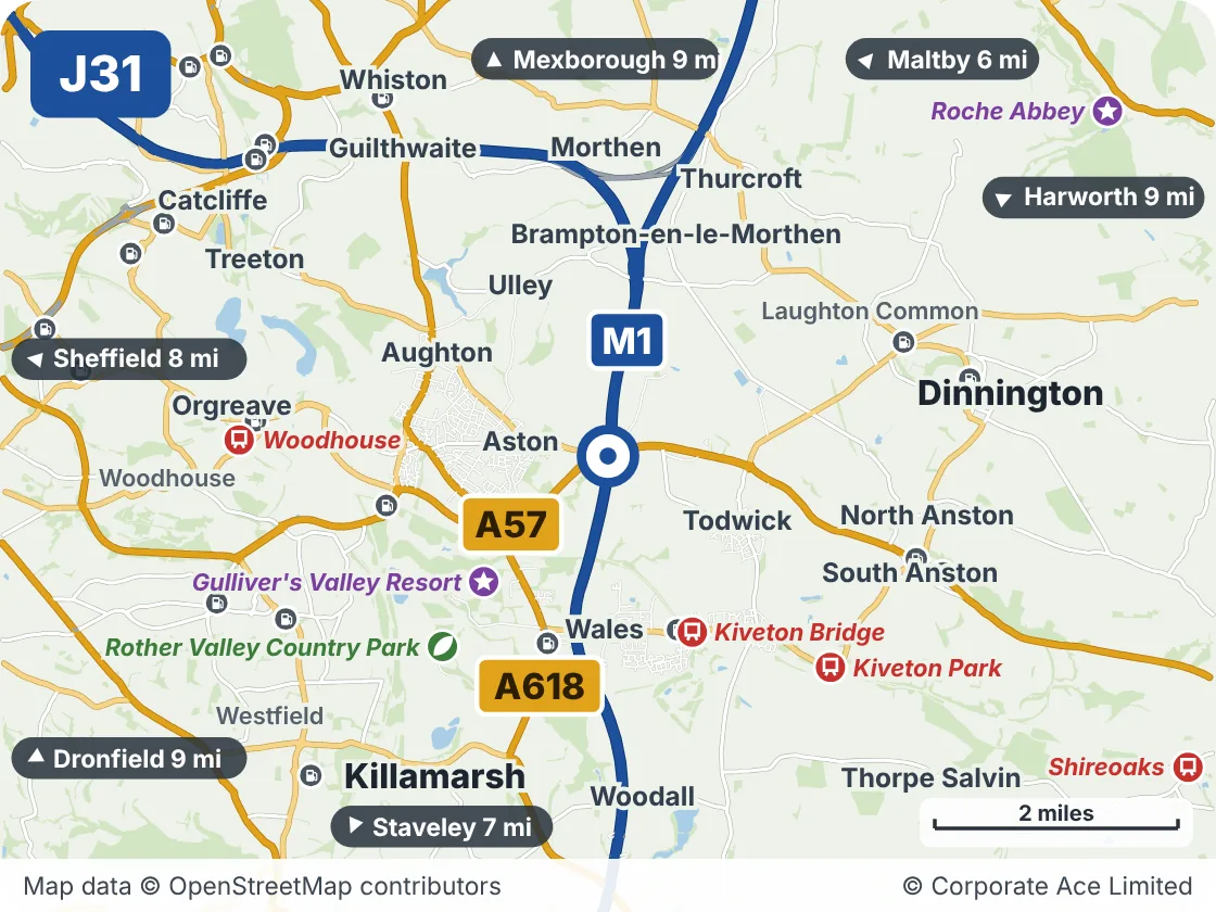 Map of the area within about 5 miles of M1 Junction 31: Aston, showing the towns, villages, roads and places to visit