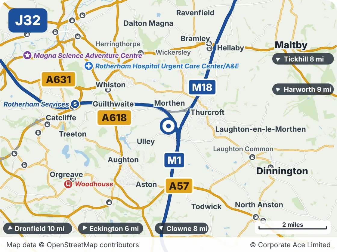 Map of the area within about 5 miles of M1 Junction 32: Thurcroft, showing the towns, villages, roads and places to visit