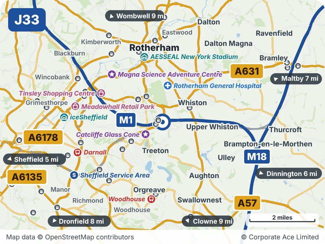 Map of the area within about 5 miles of M1 Junction 33: Catcliffe, showing the towns, villages, roads and places to visit