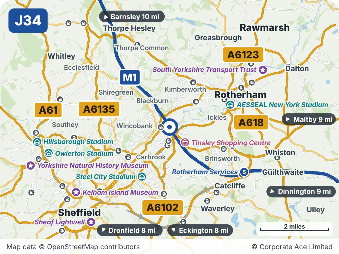 Map of the area within about 5 miles of M1 Junction 34: Tinsley, showing the towns, villages, roads and places to visit