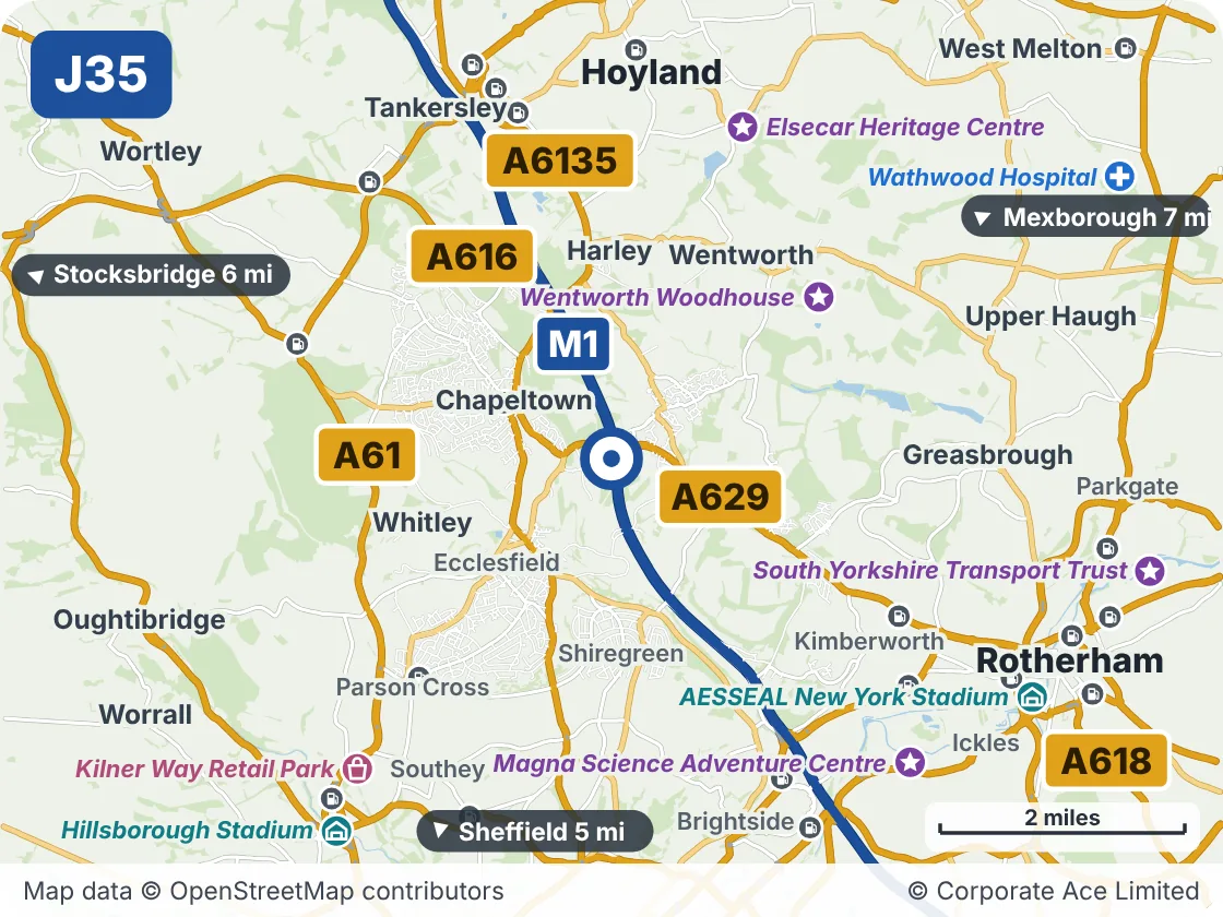 Map of the area within about 5 miles of M1 Junction 35, showing the towns, villages, roads and places to visit