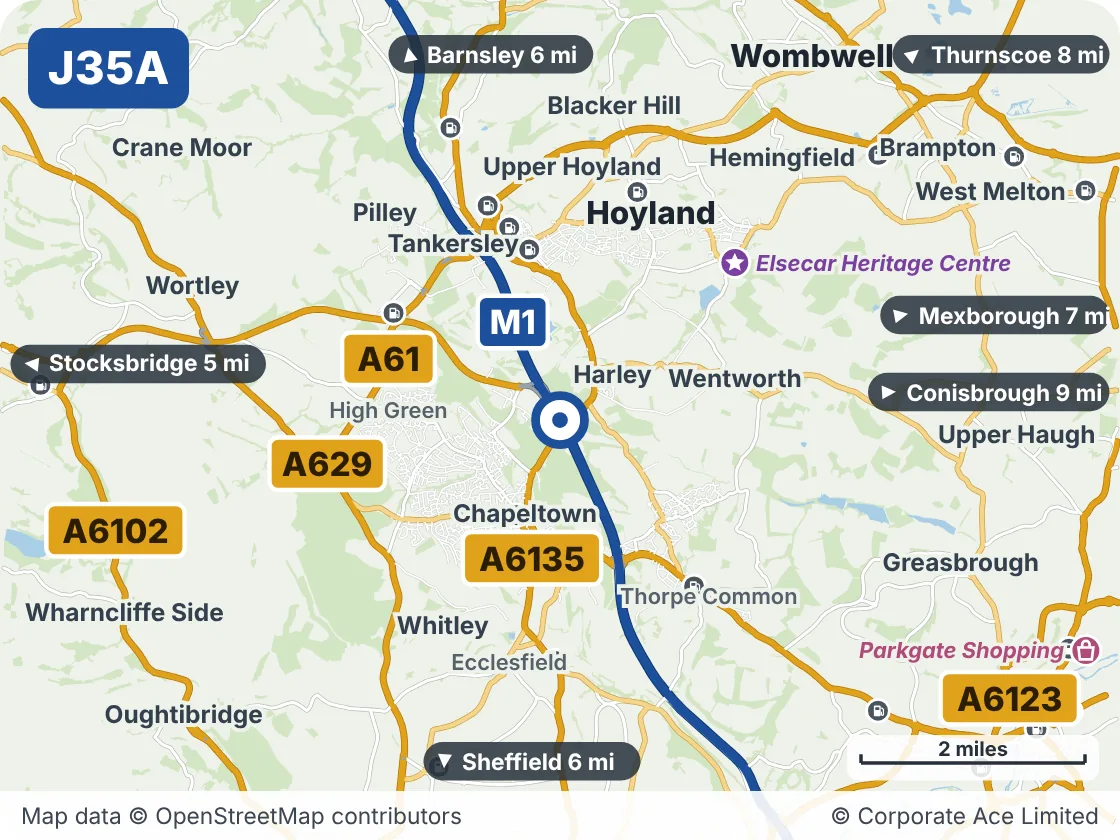 Map of the area within about 5 miles of M1 Junction 35A: Tankersley, showing the towns, villages, roads and places to visit