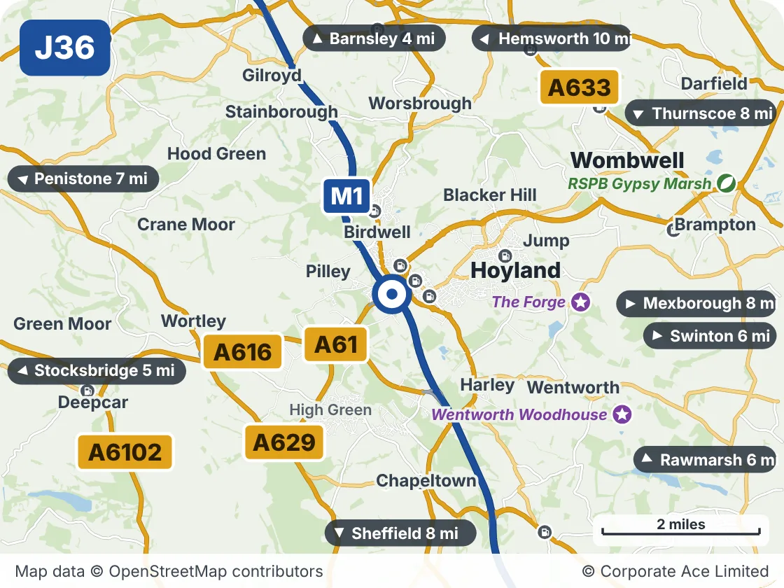 Map of the area within about 5 miles of M1 Junction 36: Tankersley, showing the towns, villages, roads and places to visit