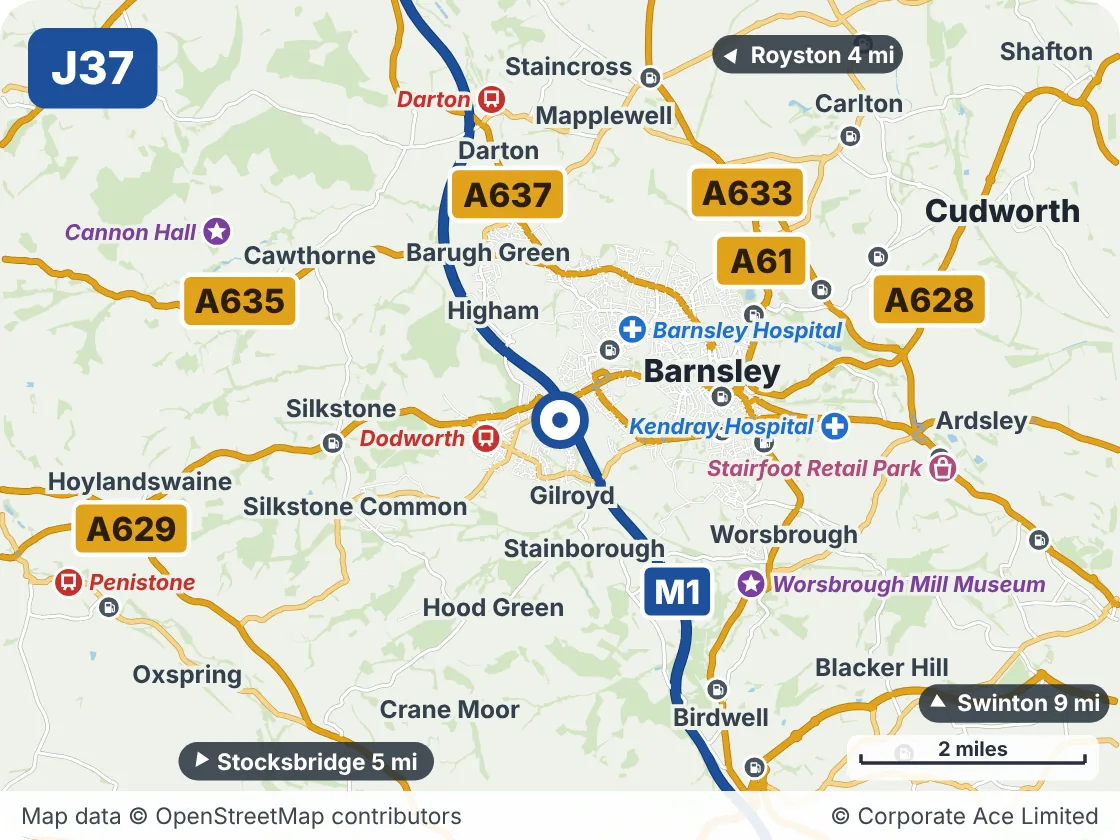 Map of the area within about 5 miles of M1 Junction 37: Dodworth, showing the towns, villages, roads and places to visit