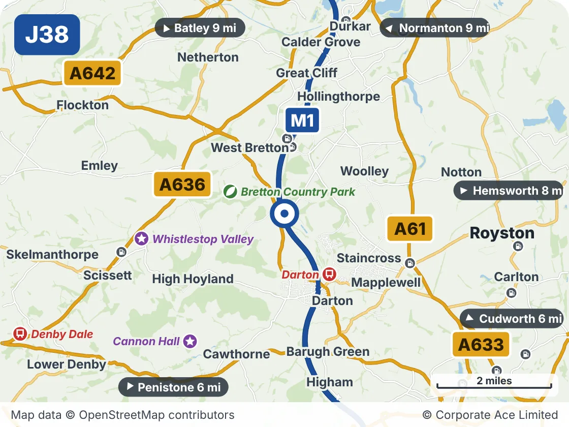 Map of the area within about 5 miles of M1 Junction 38: Haigh, showing the towns, villages, roads and places to visit