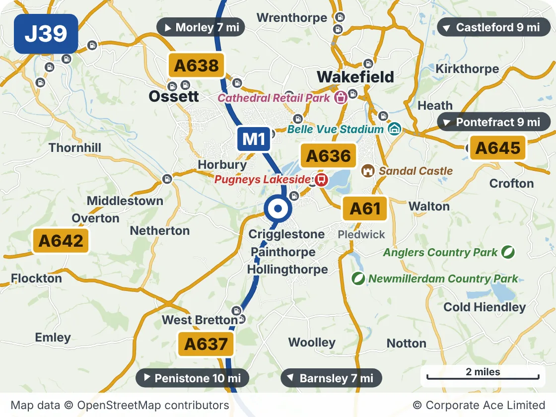 Map of the area within about 5 miles of M1 Junction 39: Durkar Interchange, showing the towns, villages, roads and places to visit