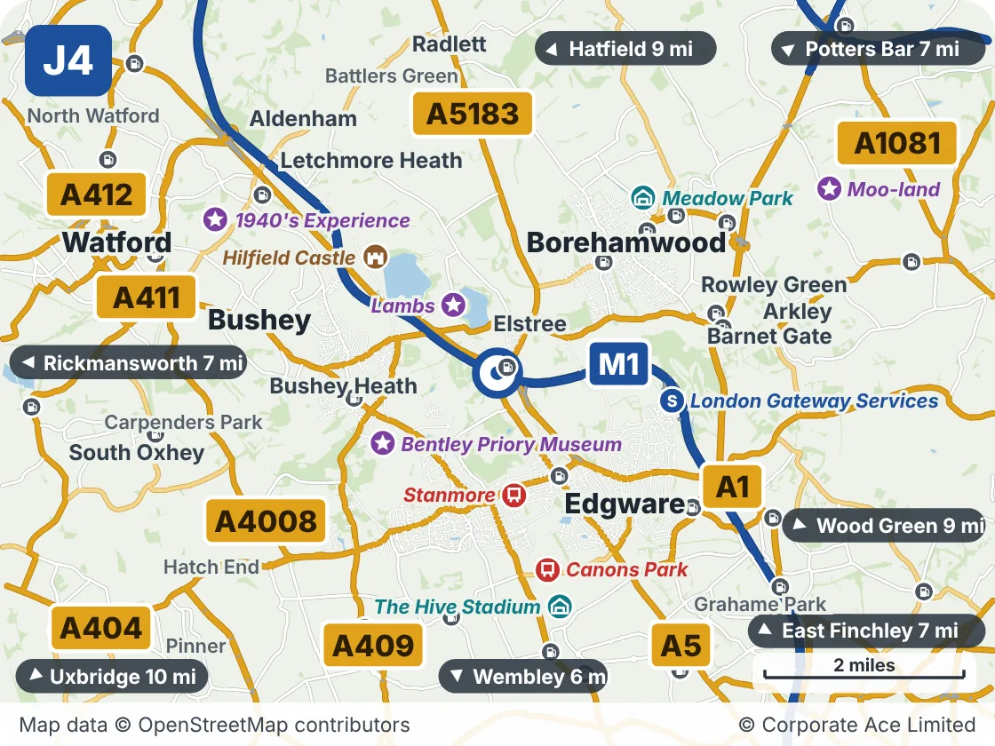 Map of the area within about 5 miles of M1 Junction 4: Brockley, showing the towns, villages, roads and places to visit