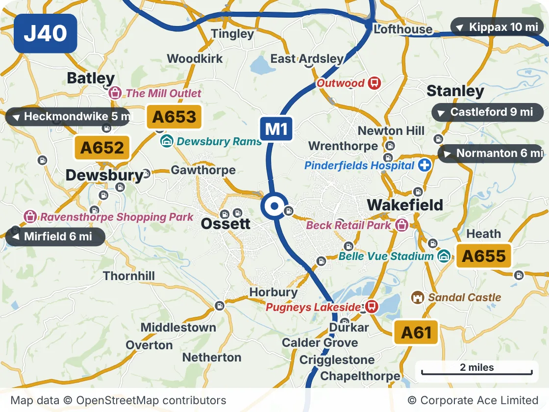 Map of the area within about 5 miles of M1 Junction 40: Flushdyke Interchange, showing the towns, villages, roads and places to visit