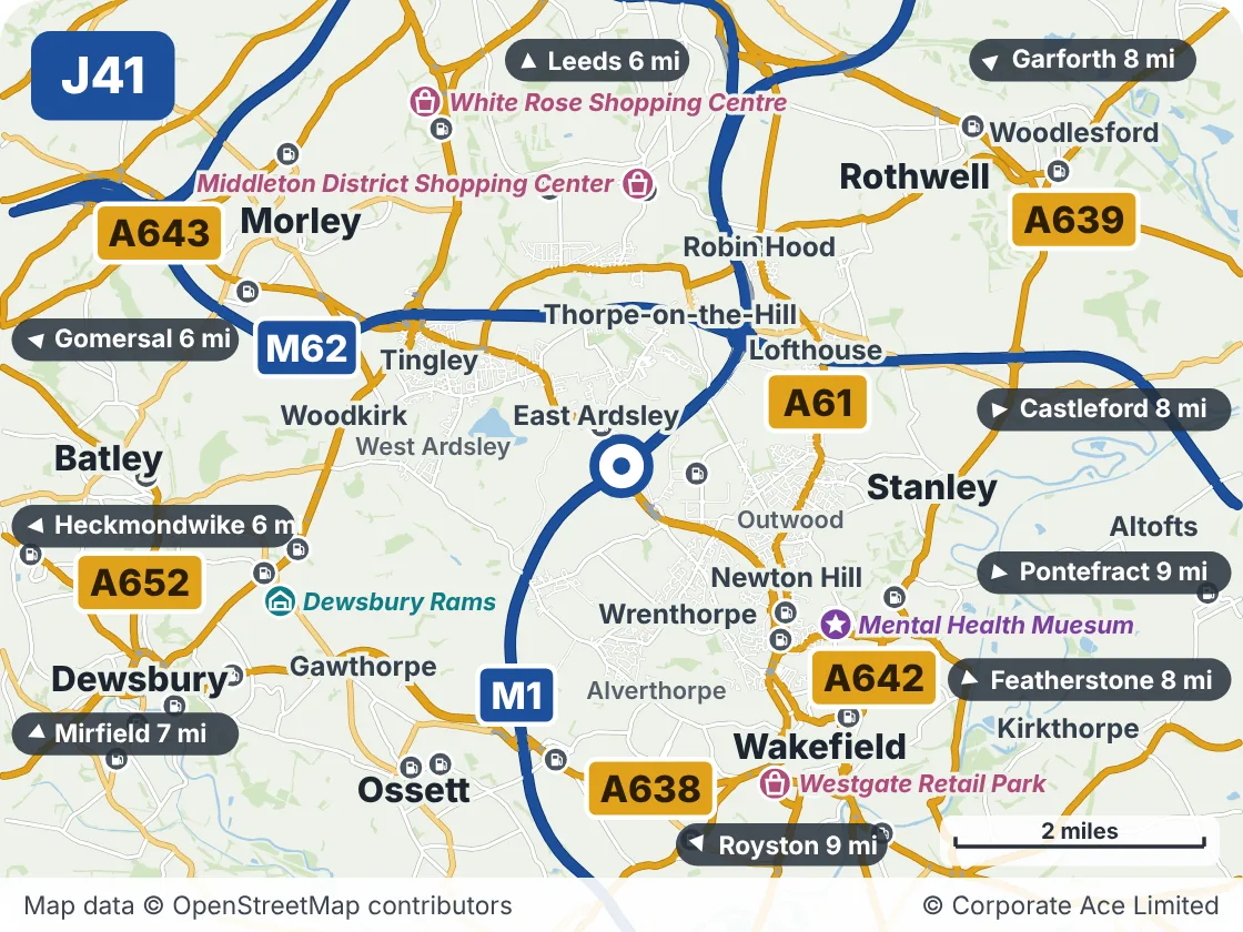 Map of the area within about 5 miles of M1 Junction 41: Carrgate, showing the towns, villages, roads and places to visit