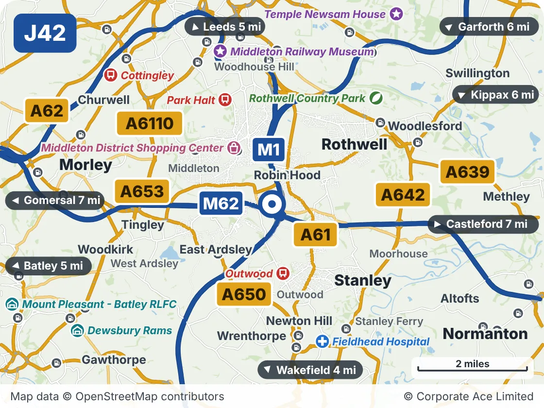 Map of the area within about 5 miles of M1 Junction 42: Lofthouse, showing the towns, villages, roads and places to visit