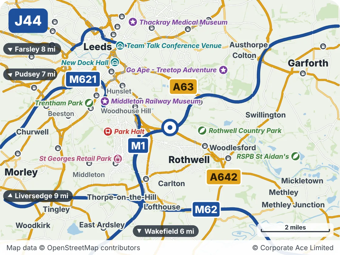Map of the area within about 5 miles of M1 Junction 44: Rothwell Haigh, showing the towns, villages, roads and places to visit