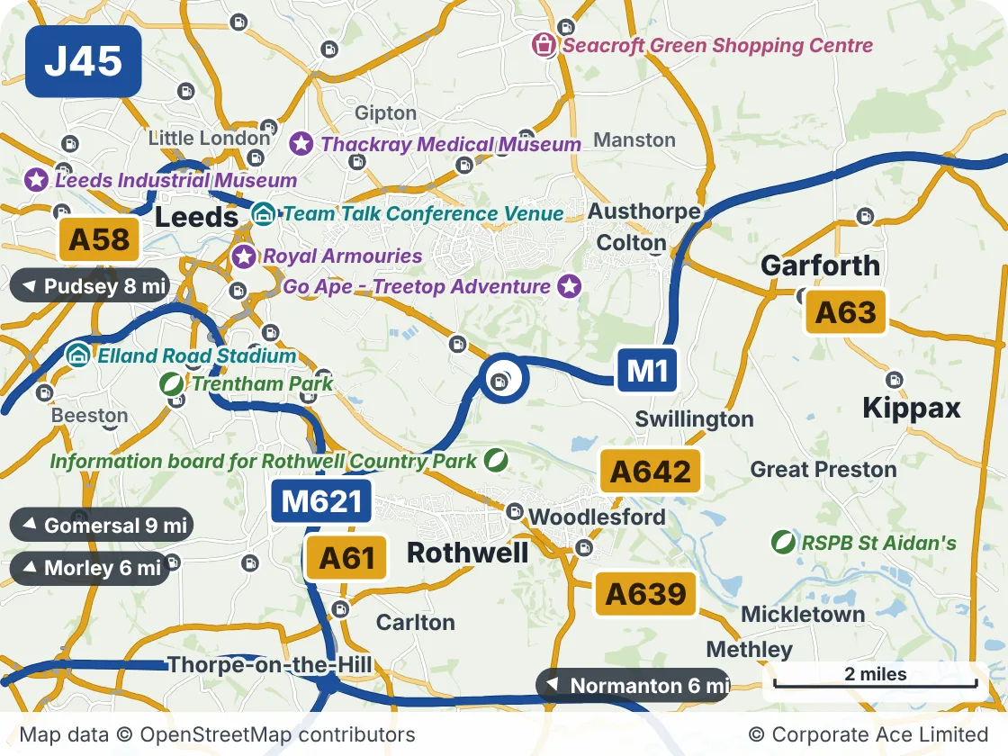 Map of the area within about 5 miles of M1 Junction 45: East Leeds Link Interchange, showing the towns, villages, roads and places to visit