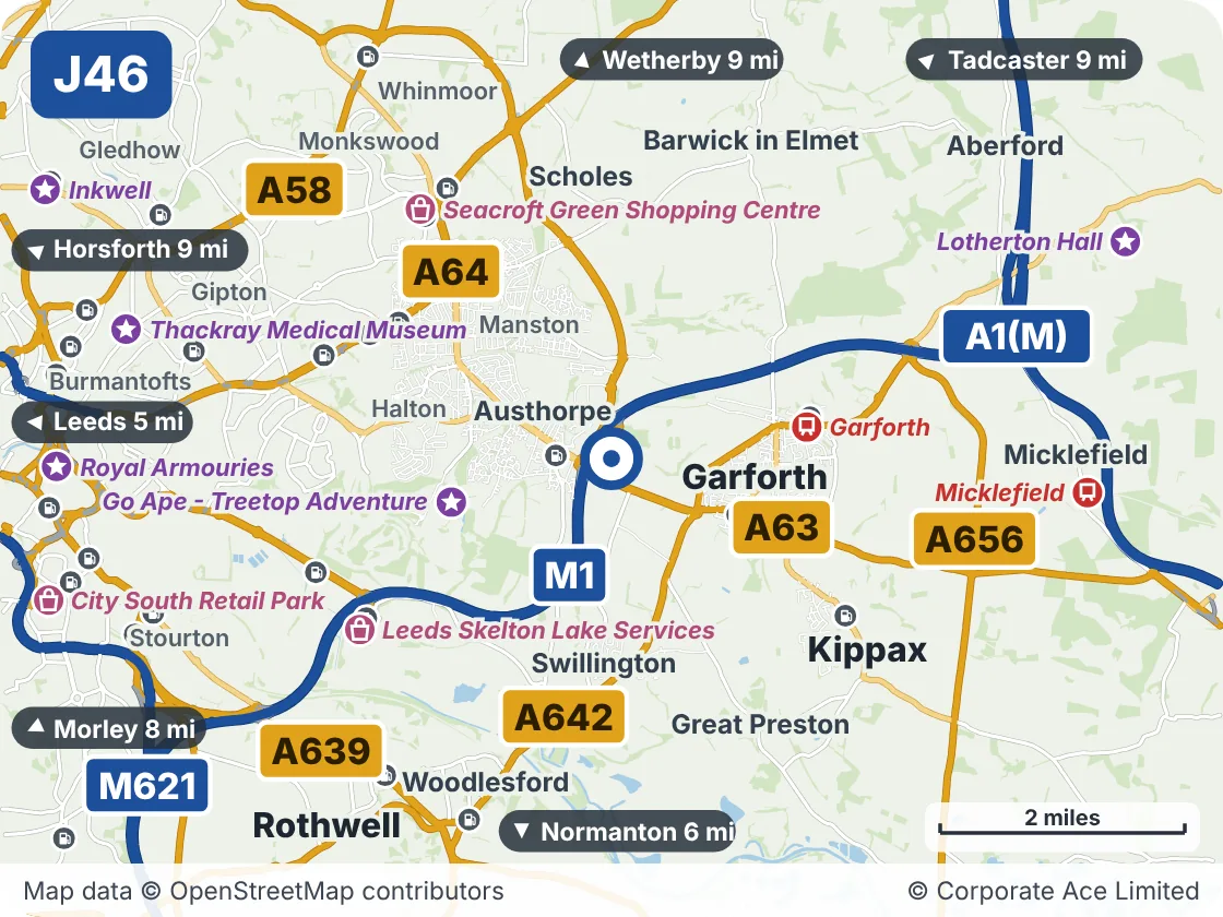 Map of the area within about 5 miles of M1 Junction 46: Austhorpe, showing the towns, villages, roads and places to visit