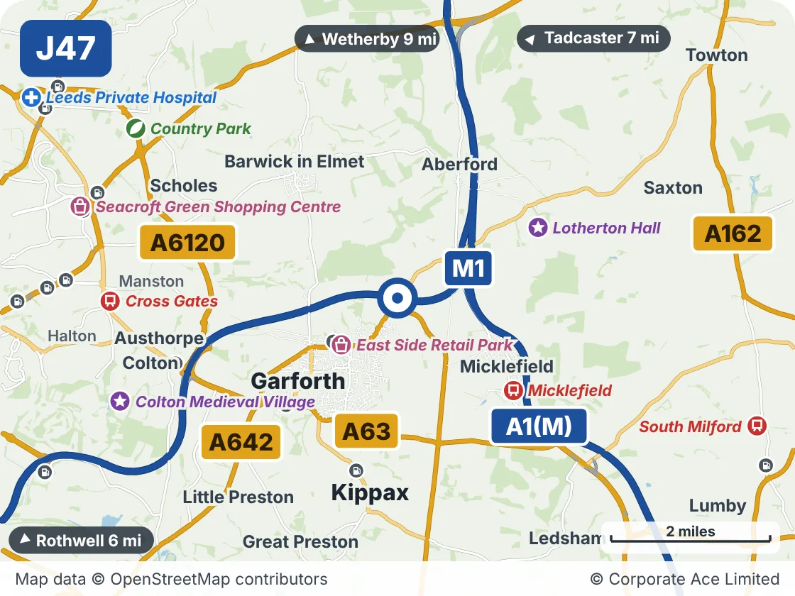 Map of the area within about 5 miles of M1 Junction 47: Parlington, showing the towns, villages, roads and places to visit