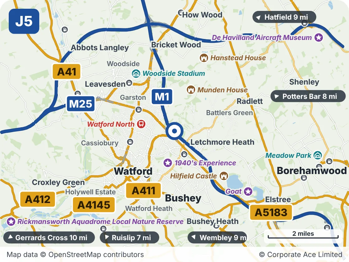 Map of the area within about 5 miles of M1 Junction 5: Berrygrove, showing the towns, villages, roads and places to visit