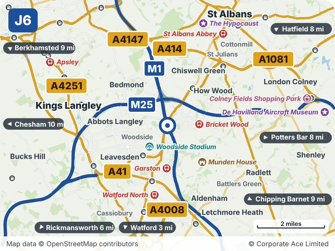 Map of the area within about 5 miles of M1 Junction 6: Waterdale, showing the towns, villages, roads and places to visit