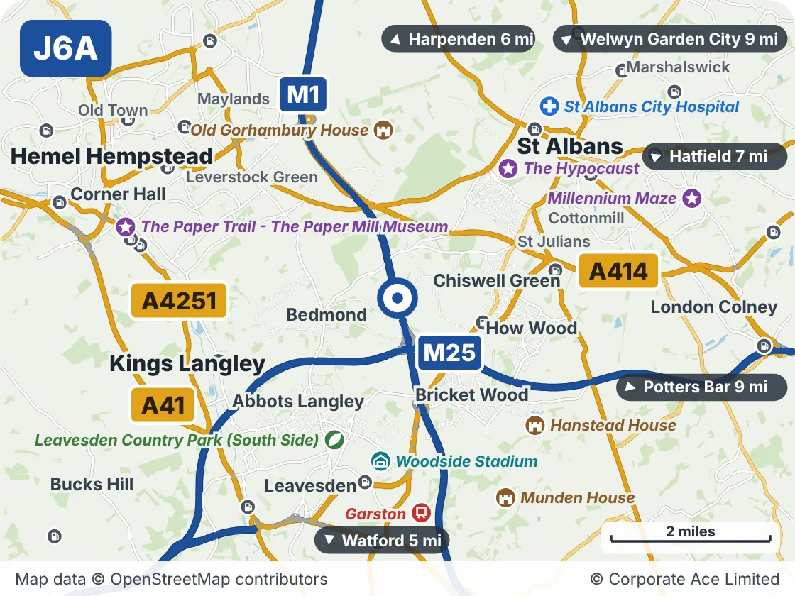 Map of the area within about 5 miles of M1 Junction 6A: Chiswell, showing the towns, villages, roads and places to visit